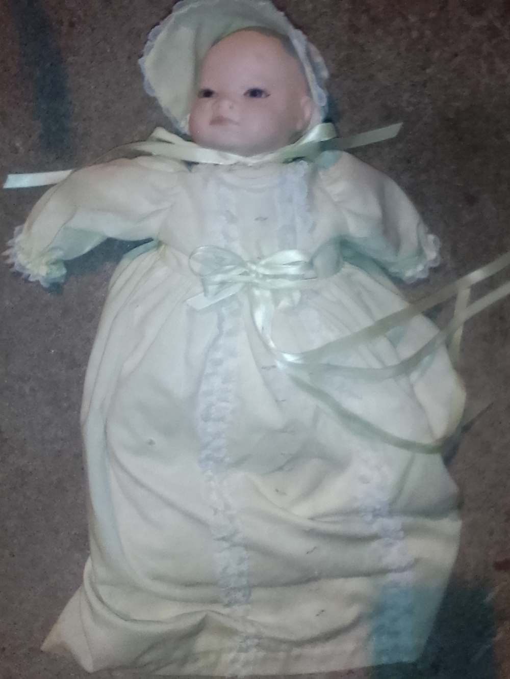Vintage Porcelain Head Baby Doll In Pale Yellow Gown And Bonnet